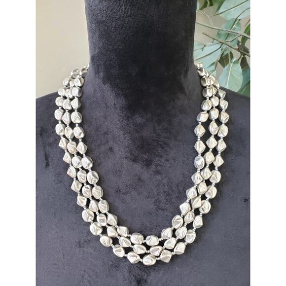 Chico's Women Silver Tone Triple Strand Dholki Beads Necklace with Lobster Clasp - Picture 1 of 8